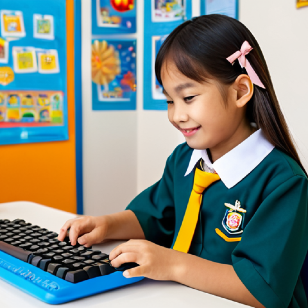 ** A young Thai girl, around 7 years old, sits at a colorful desk, happily typing on a small, brightly colored ergonomic keyboard. She is wearing a modest school uniform, fully clothed, with a neatly tied hair ribbon. The background shows a child's bedroom with toys and educational posters.  Perfect anatomy, well-formed hands, proper finger count, natural pose. Safe for work, appropriate content, fully clothed, professional photography, high quality, family-friendly.

**