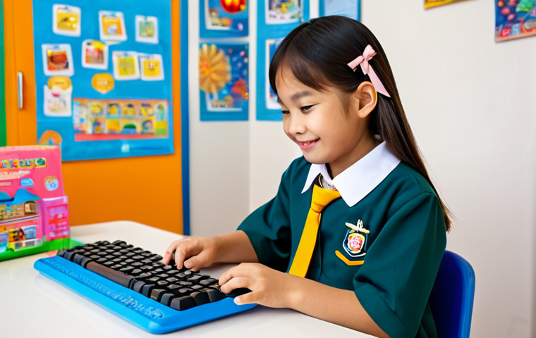 ** A young Thai girl, around 7 years old, sits at a colorful desk, happily typing on a small, brightly colored ergonomic keyboard. She is wearing a modest school uniform, fully clothed, with a neatly tied hair ribbon. The background shows a child's bedroom with toys and educational posters.  Perfect anatomy, well-formed hands, proper finger count, natural pose. Safe for work, appropriate content, fully clothed, professional photography, high quality, family-friendly.

**