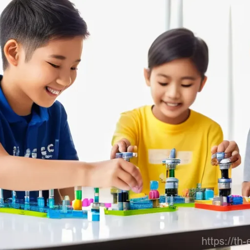초등학교 교과서와 연계된 완구 - A vibrant and diverse group of Thai children, aged 8-12, enthusiastically engaged in a hands-on scie...