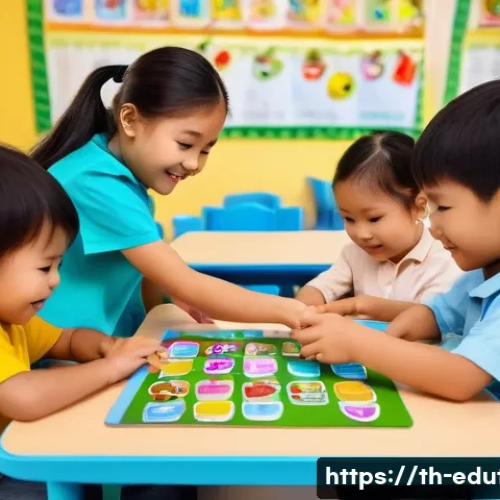 교육용 퍼즐 게임의 추천 목록 - A bright and colorful early childhood educational setting in Thailand, featuring young children aged...