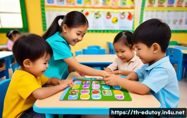 교육용 퍼즐 게임의 추천 목록 - A bright and colorful early childhood educational setting in Thailand, featuring young children aged...