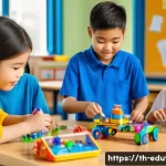 Home 21 STEM 완구의 학습 효과 - A group of diverse Thai children aged 7-10, wearing colorful casual clothes, enthusiastically assemb...