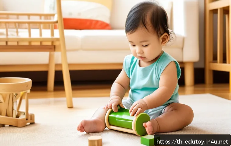 친환경 교육완구의 인기 이유 - A vibrant, detailed scene of a toddler playing with eco-friendly educational toys made from natural ...