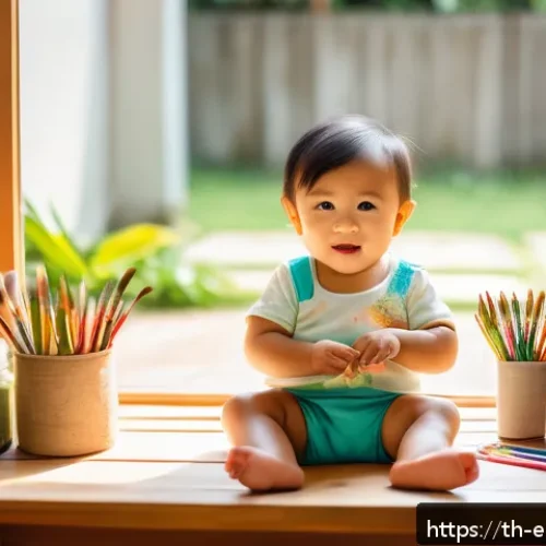 Home 31 미술 교육용 완구와 창의력 - A bright and cheerful Thai toddler wearing a colorful diaper, sitting at a low wooden table in a sun...