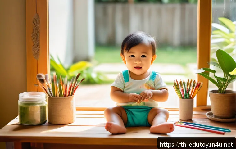 미술 교육용 완구와 창의력 - A bright and cheerful Thai toddler wearing a colorful diaper, sitting at a low wooden table in a sun...