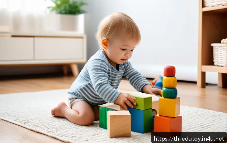 DIY 교육완구의 위험 요소 분석 - A cozy indoor playroom scene featuring a toddler wearing a diaper playing safely with large, smooth-...