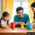 Home 23 플레이도우의 색상 심리학 - A bright and cozy family living room scene showing a Thai family of four—parents and two children we...