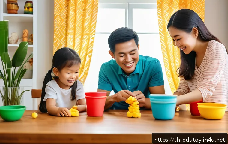 플레이도우의 색상 심리학 - A bright and cozy family living room scene showing a Thai family of four&mdash;parents and two children we...
