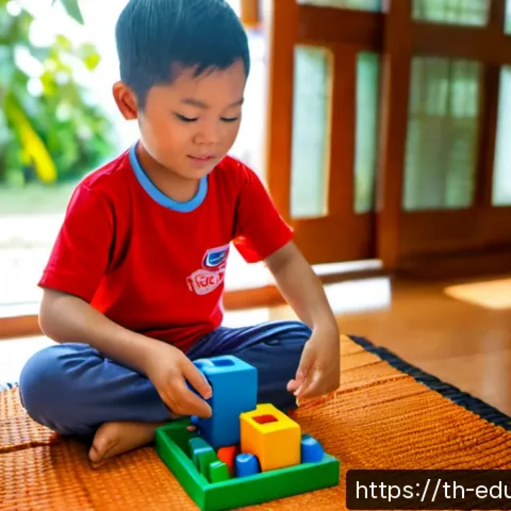 학습 보조용 완구의 사용법 - Photorealistic Thai family living room, a young child in casual fully clothed outfit using colorful ...