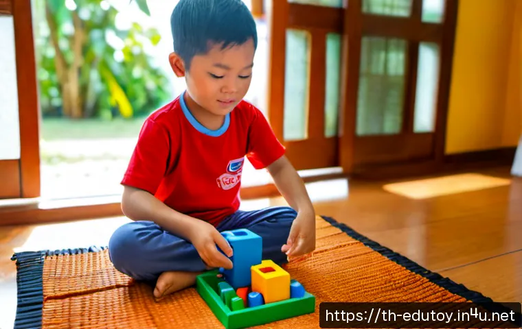 학습 보조용 완구의 사용법 - Photorealistic Thai family living room, a young child in casual fully clothed outfit using colorful ...