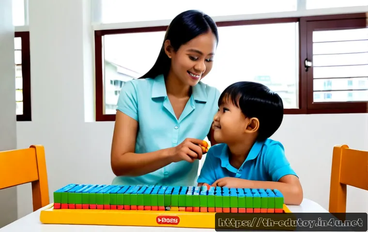 수학 학습 보조 완구 추천 - Photorealistic Thai family learning scene, a cheerful primary-school child in a neat casual school o...